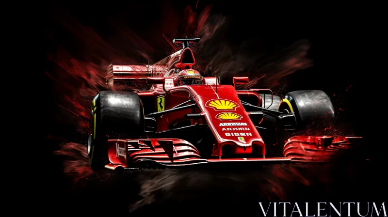 Intense Illustration of Red Ferrari F1 Racing Car Against Black Background  - AI Generated Images AI Image