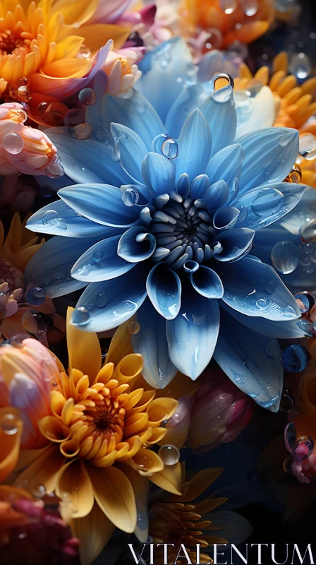 Intricate Floral Arrangement in Azure and Amber - Bio-Art Masterpiece AI Image