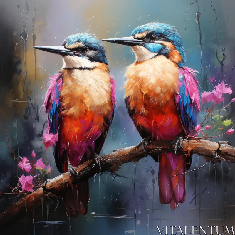 Vibrant Scene of Two Colorful Birds Perched on a Flower-Adorned Branch AI Image
