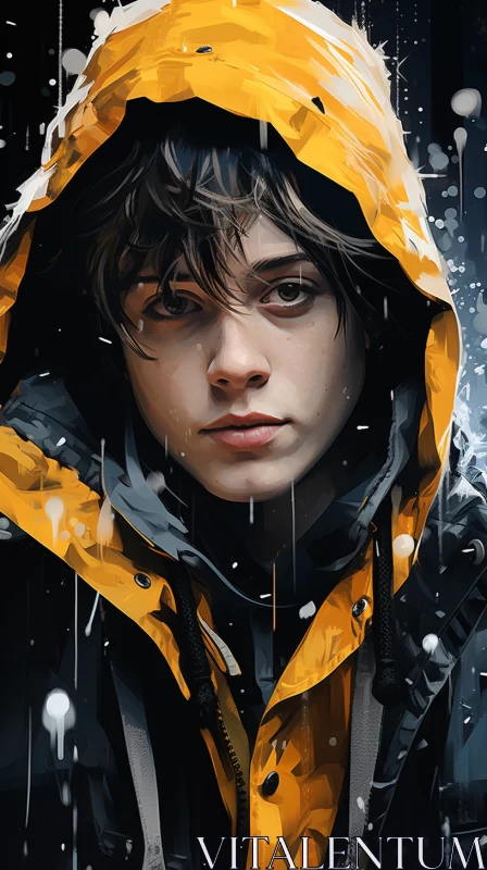 Vibrant Yellow Jacket: Hyper-realistic Anime-inspired Portraiture in Pouring Rain AI Image