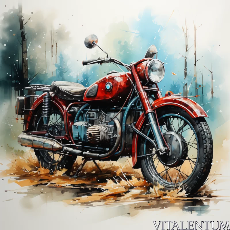 Vintage Motorcycle in Forestpunk Setting Watercolor Artwork AI Image
