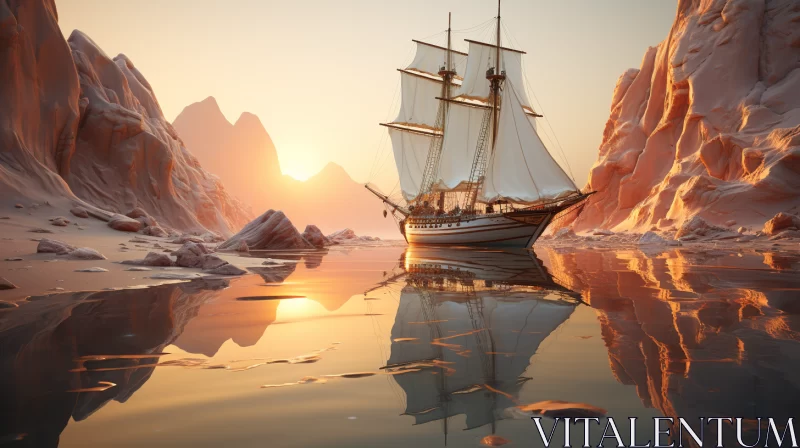 Vintage Sailing Ship Navigating Tranquil Waters Against Mountain Backdrop AI Image
