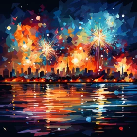 Colorful Fireworks Over City Skyline: A Night Spectacle AI Image