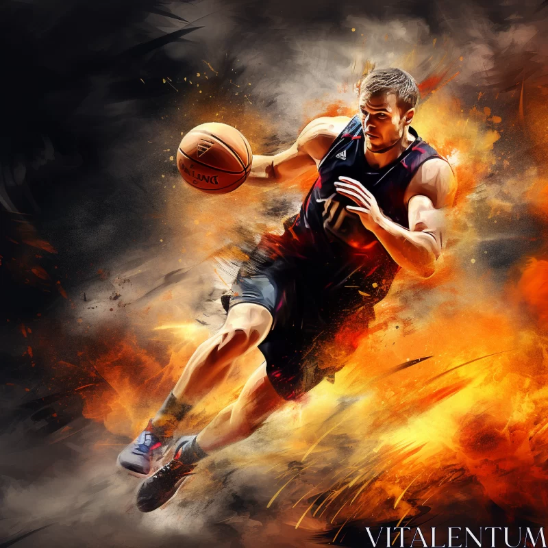 High-Angle Oil-Style Painting of Basketball Player in Fiery Colors AI Image