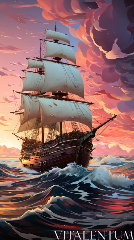 Renaissance-Style Ship Traversing Vibrant Ocean in 2D Game Art AI Image
