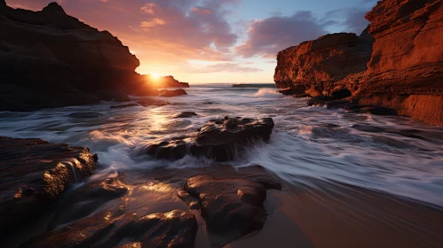 Breathtaking Australian Seascape at Sunset with Imposing Rock Formations AI Image