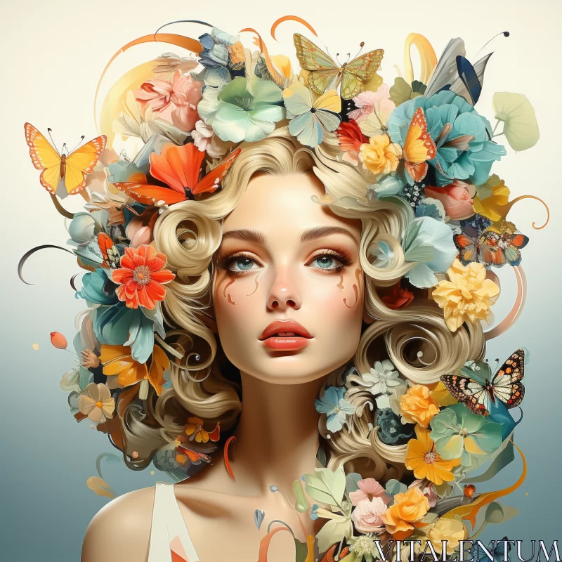 Fantasy Portrait of Woman with Floral Butterfly Hair AI Image