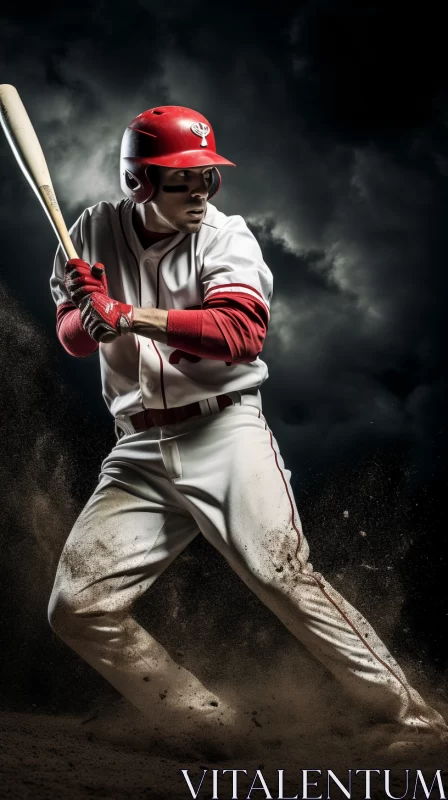 Baseball Player Preparing to Swing Bat Against Dark Sky AI Image