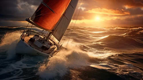 Hyper-realistic Graphics of Sailboat Navigating Rough Seas at Sunset AI Image