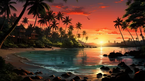 Island at Sunset with Palm Silhouettes in Detailed Fantasy Art Style AI Image