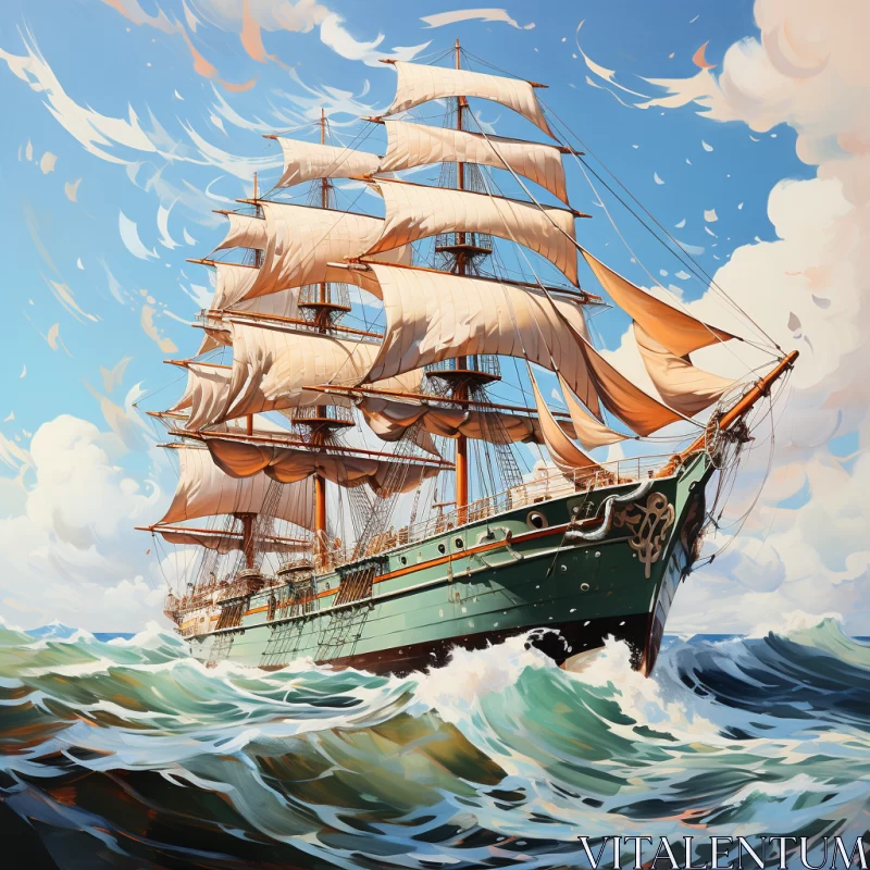 Detailed Tall Ships Sailing on Surreal Ocean with Vintage Poster Design AI Image