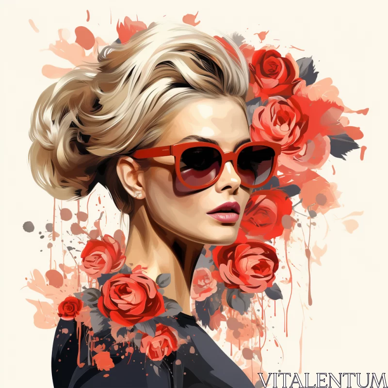 Fashionable Woman with Roses and Sunglasses - Artistic Illustration AI Image