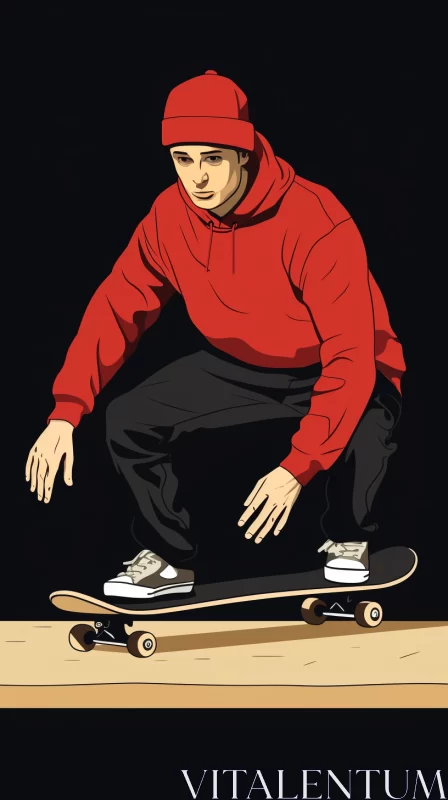 Graphic Novel-Style Skateboarding Illustration in Red, Black, and Beige AI Image