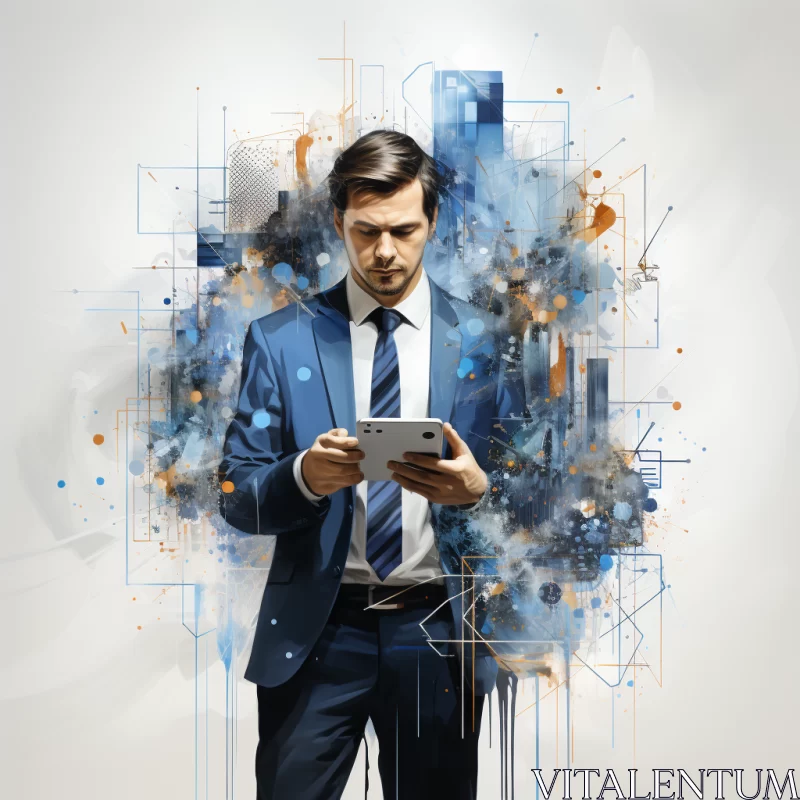 Innovative Businessman with Tablet Amidst Abstract Backdrop AI Image