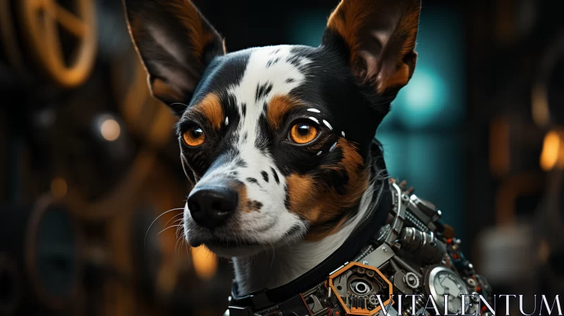Sci-Fi Black Dog with Gear Collar & Shimmering Eyes Close-Up AI Image
