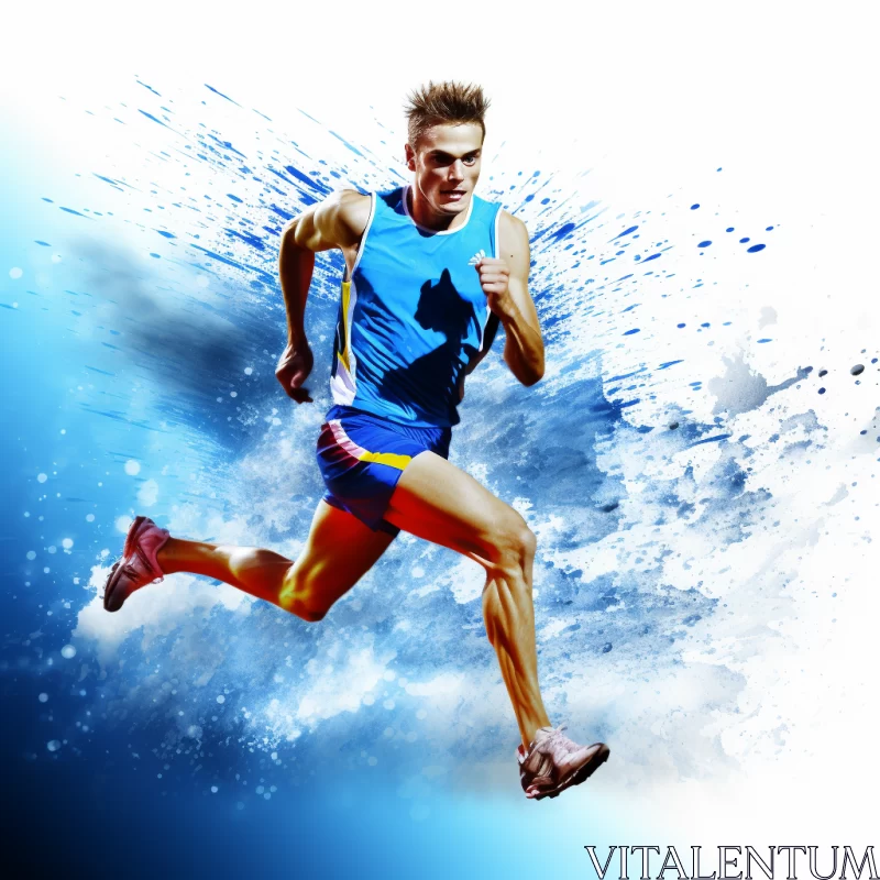 Athlete in Action with Watercolor-like Background and Splashes AI Image