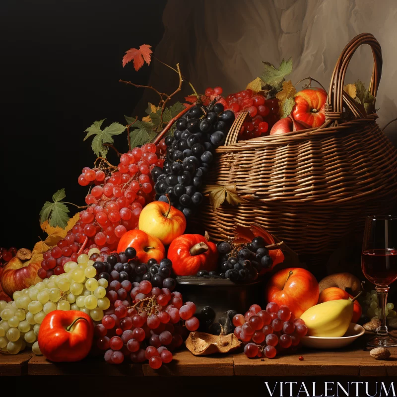 Baroque-Inspired Still Life with Wicker Basket of Fruit AI Image