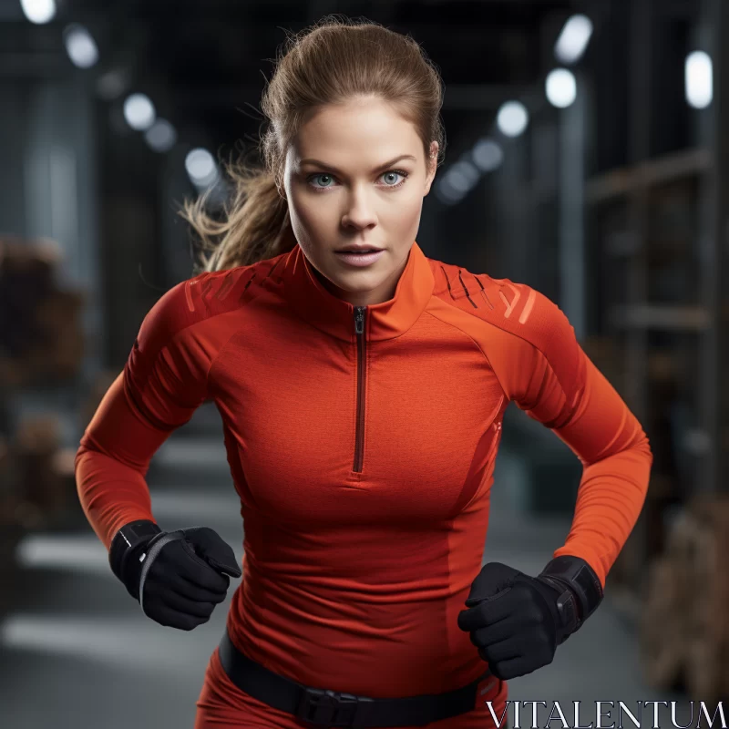 AI ART Formidable Woman in Red Outfit Mid-Run Against Industrial Backdrop