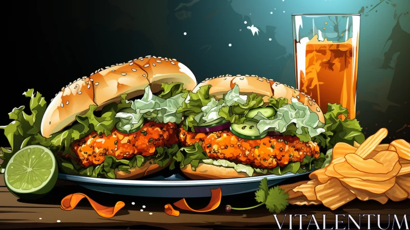 Illustrated Burgers and Chips: A Fusion of Traditional Indian and Digital Art AI Image