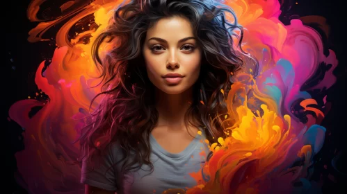 Intricate Illustration of Woman with Vegas Makeup amidst Colorful Flames AI Image