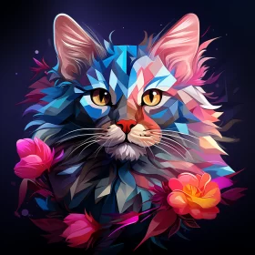 Low Poly Cartoon Cat Portrait with Multicolored Floral Adornment