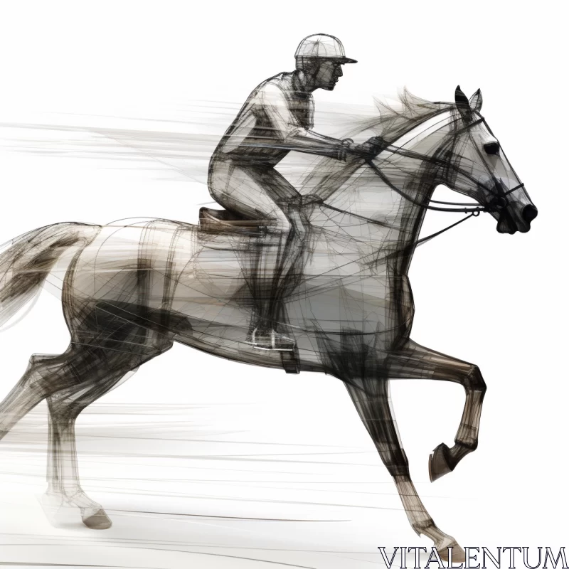 3D Digital Artwork of Man on Galloping Horse in Black & White AI Image