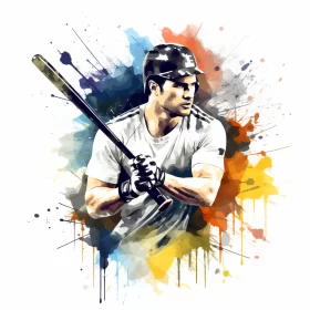 Action-Ready Baseball Player in Artistic Watercolor & Digital Airbrush Image AI Image