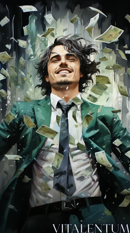 AI ART Anime-Inspired Tailored Suit Man with Floating Banknotes