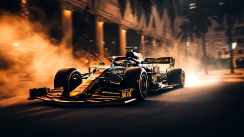 Black and Gold Racing Car in Motion at Night Against Urban Architecture  - AI Generated Images AI Image