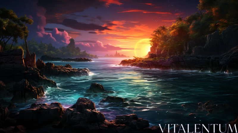 Captivating Ocean Landscape at Sunset with Imposing Cliffs and Tropical Aesthetics AI Image