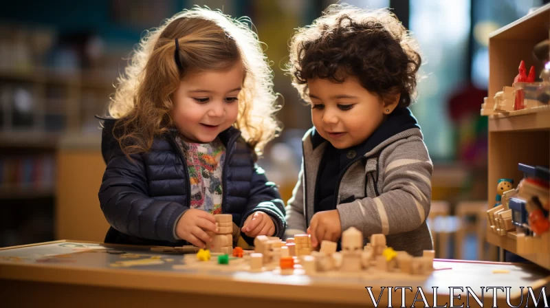Children Engaged in Play with Wooden Toys in Preschool Classroom AI Image