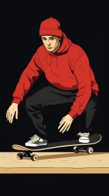 Graphic Novel-Style Skateboarding Illustration in Red, Black, and Beige AI Image