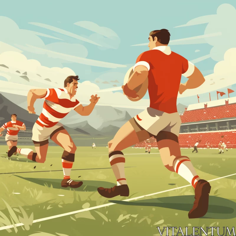 Dynamic 32K UHD Rugby Match Illustration in Mid-century Style AI Image