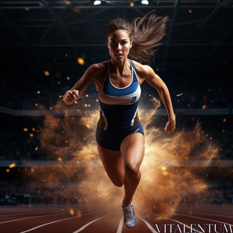 Female Athlete Mid-Stride: Symbol of Velocity and Strength AI Image