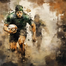 Impressionist Rugby Match Painting in Green, Sepia, Earth Tones AI Image