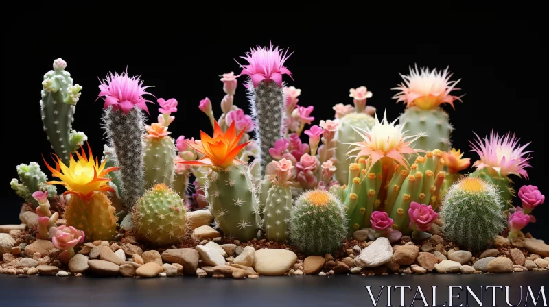Colorful Cactus Collection Against a Black Background AI Image