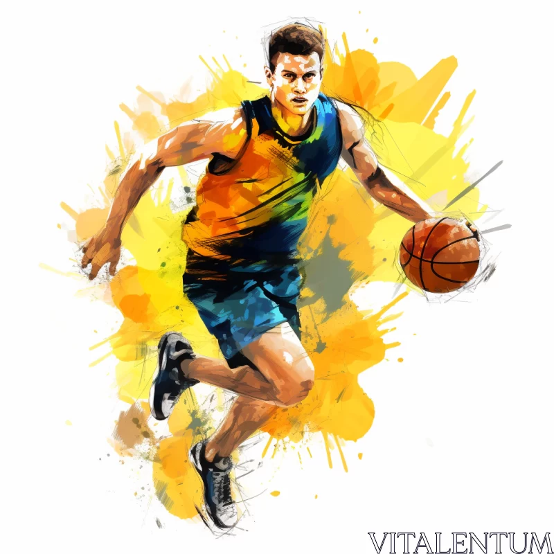 AI ART Dynamic European Ink Painting of Basketball Player Mid-Dribble