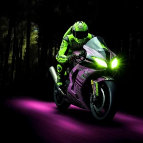 Dynamic Neon-lit Kawasaki Race Scene: A Vivid Symbol of Speed and Motion AI Image