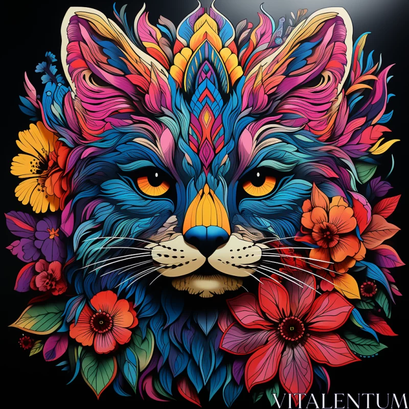 Expressive Feline Head with Wild Flowers in Psychedelic Style AI Image