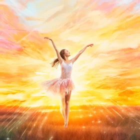 Joyous Leap of Dancer in Magical Sunset Field AI Image