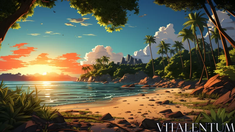 Tropical Beach Sunset in Stylized 2D Game Art AI Image