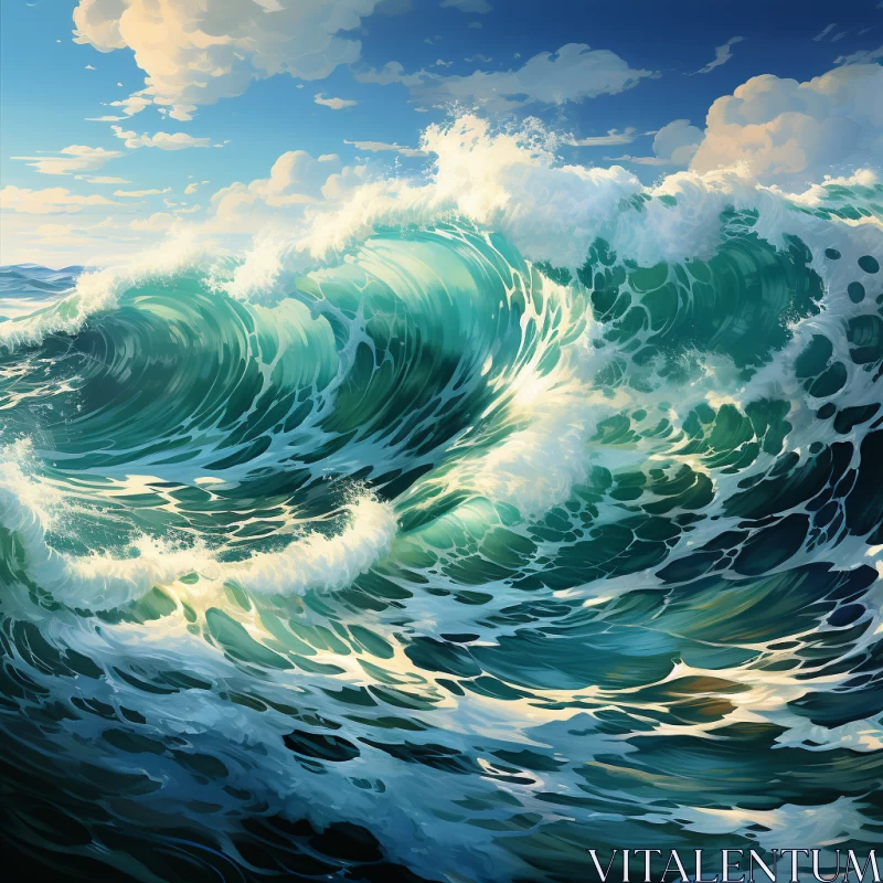Tumultuous Ocean Wave Illustration in Cyan and Emerald AI Image