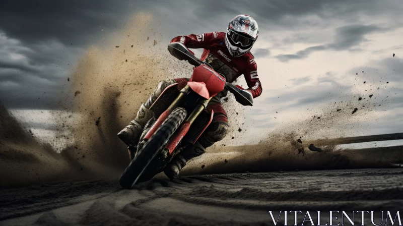 Photorealistic Artwork of Red Motorcycle Racer on Dirt Track AI Image
