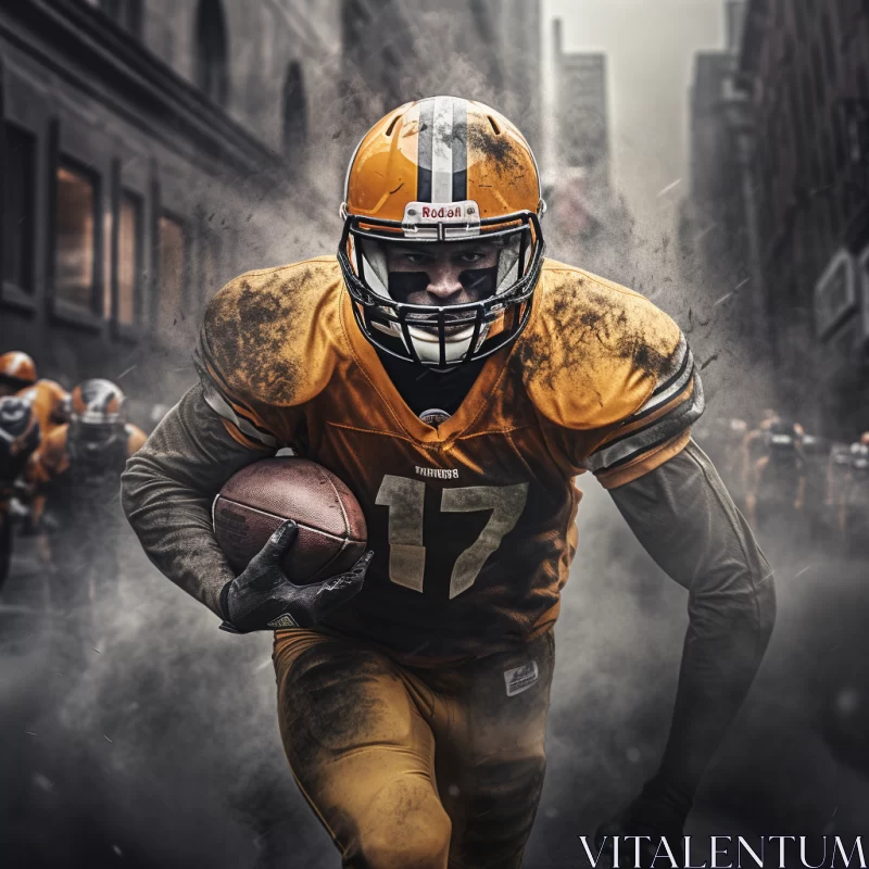 Football Player in Action on Urban Landscape with Bold Textured Aesthetics AI Image
