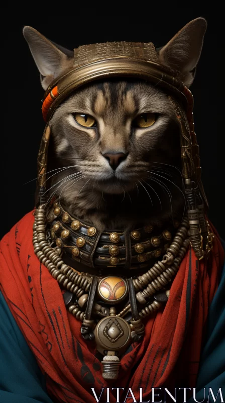 Regal Cat in Egyptian Warrior Outfit against Dark Backdrop AI Image
