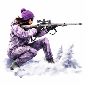 Woman in Winter Sports Attire Shooting Rifle in Snowy Landscape AI Image