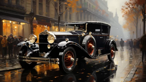 Elegant Art Deco Style Rendering of an Old Car in the Rain - AI Art images AI Image