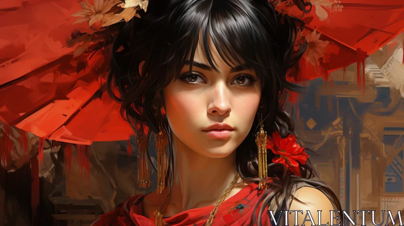 Enchanting Girl in Red: A Blend of Oriental and Western Styles AI Image