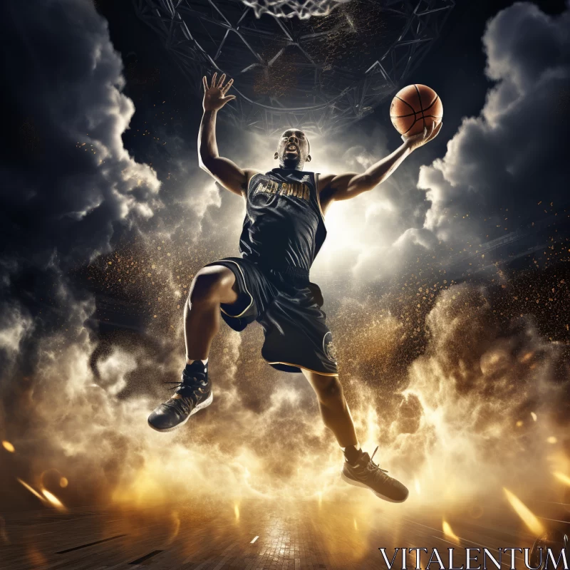 Intense Mid-Air Basketball Player in Surreal Dreamscape AI Image