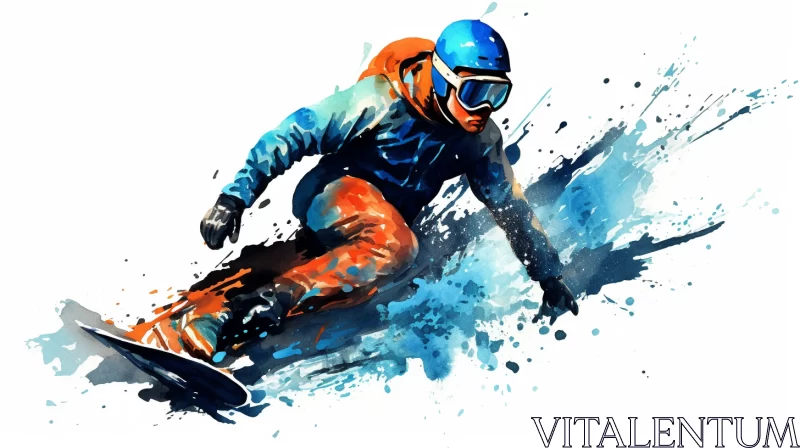 Snowboarder in Motion: Vibrant Brushstrokes & Snow Scene Backdrop AI Image